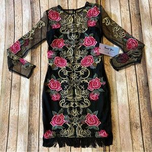 NWT L’Atiste by Amy Black Sheer Embroidered Floral Lined Pencil Dress S side zip